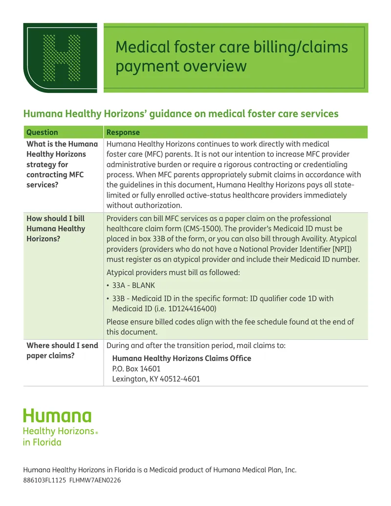 Medical Foster Care Billing and Claims Payment Guide