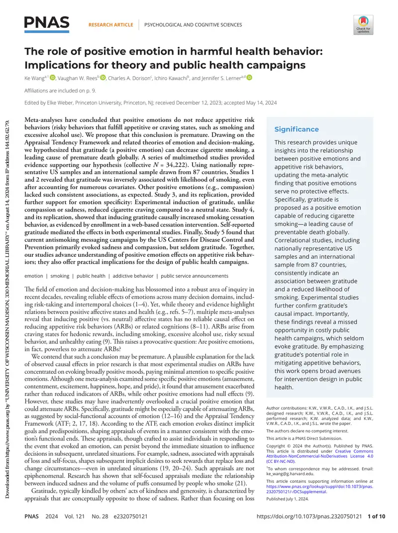 The Role of Positive Emotion in Harmful Health Behavior