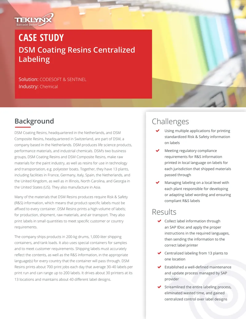 Centralized Labeling Solution for DSM Resins