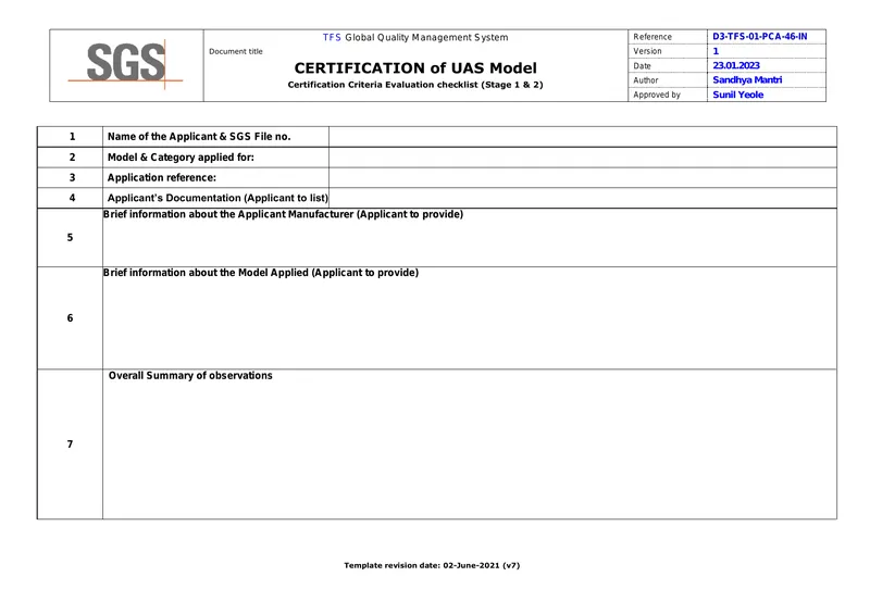 Certification Criteria Evaluation Checklist for UAS Model