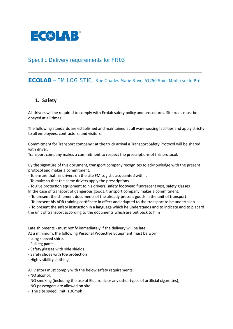Specific Delivery Requirements for FR03