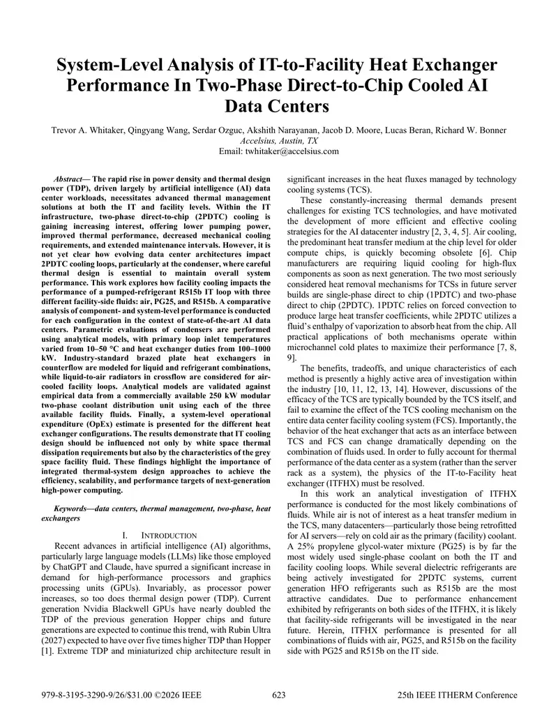 Performance Analysis of IT-to-Facility Heat Exchangers