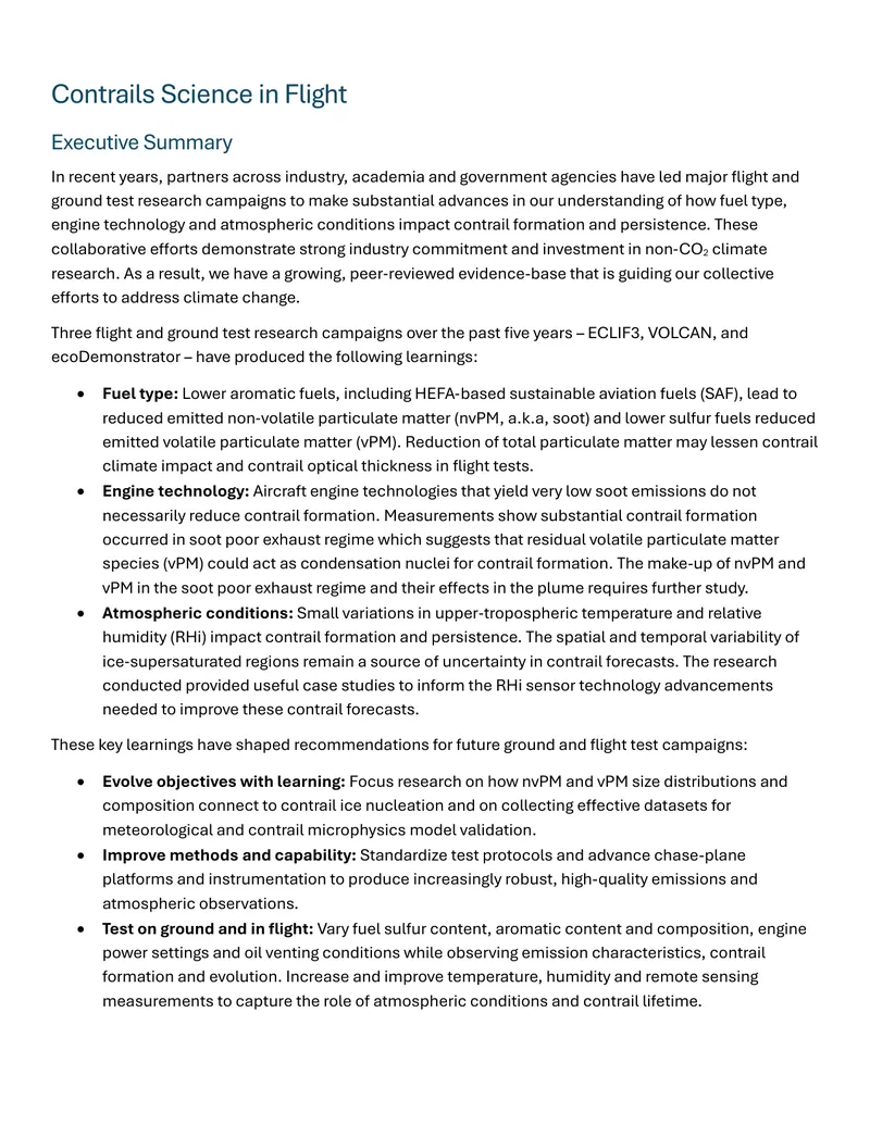 Contrails Science in Flight Research Summary