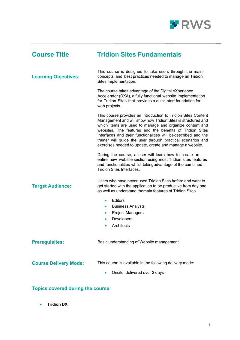 Tridion Sites Fundamentals Course Overview