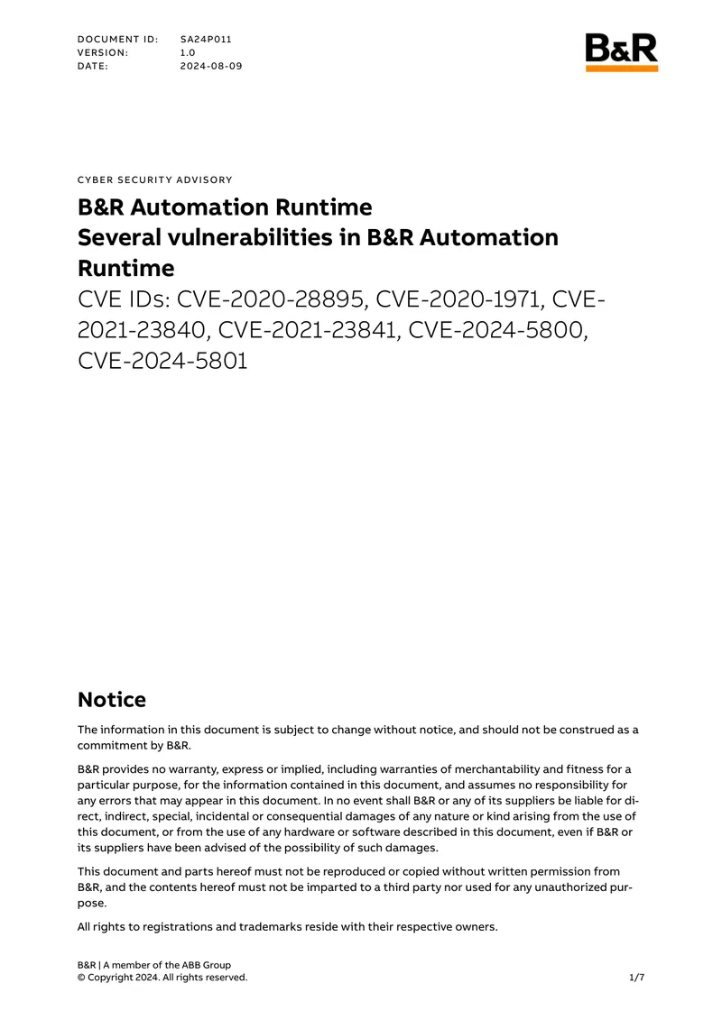 B&R Automation Runtime Cyber Security Advisory