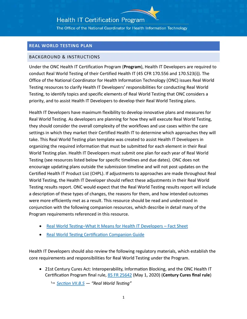 Real World Testing Plan for Certified Health IT