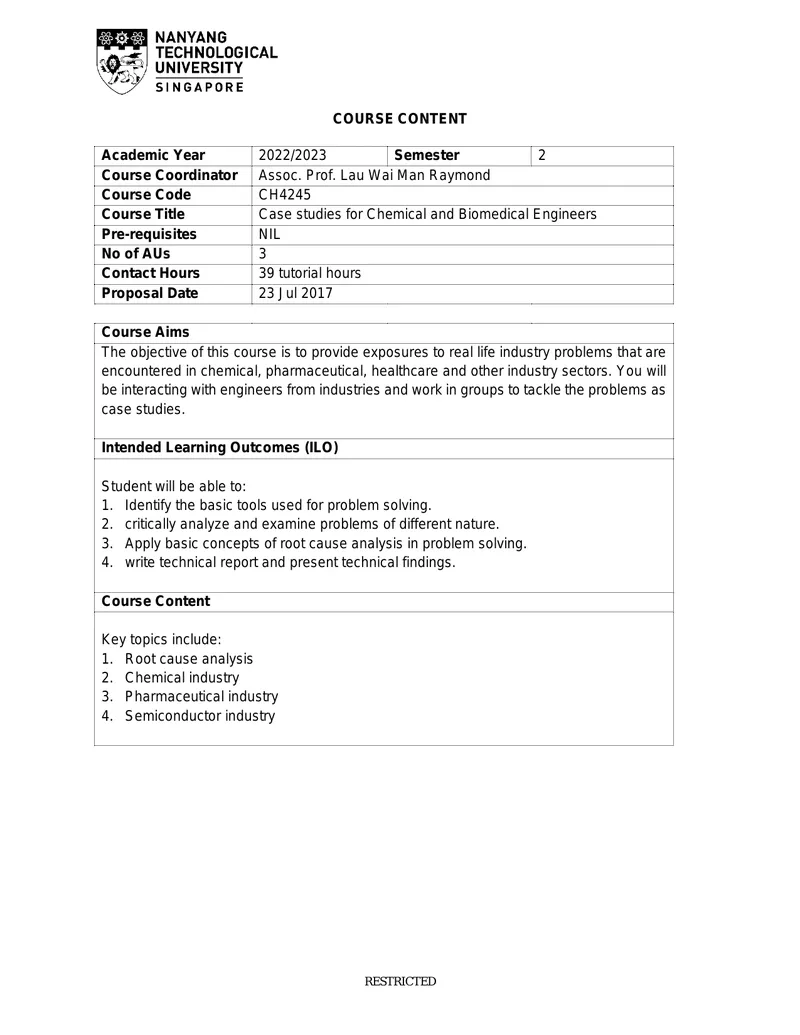 Case Studies for Chemical and Biomedical Engineers Course Outline