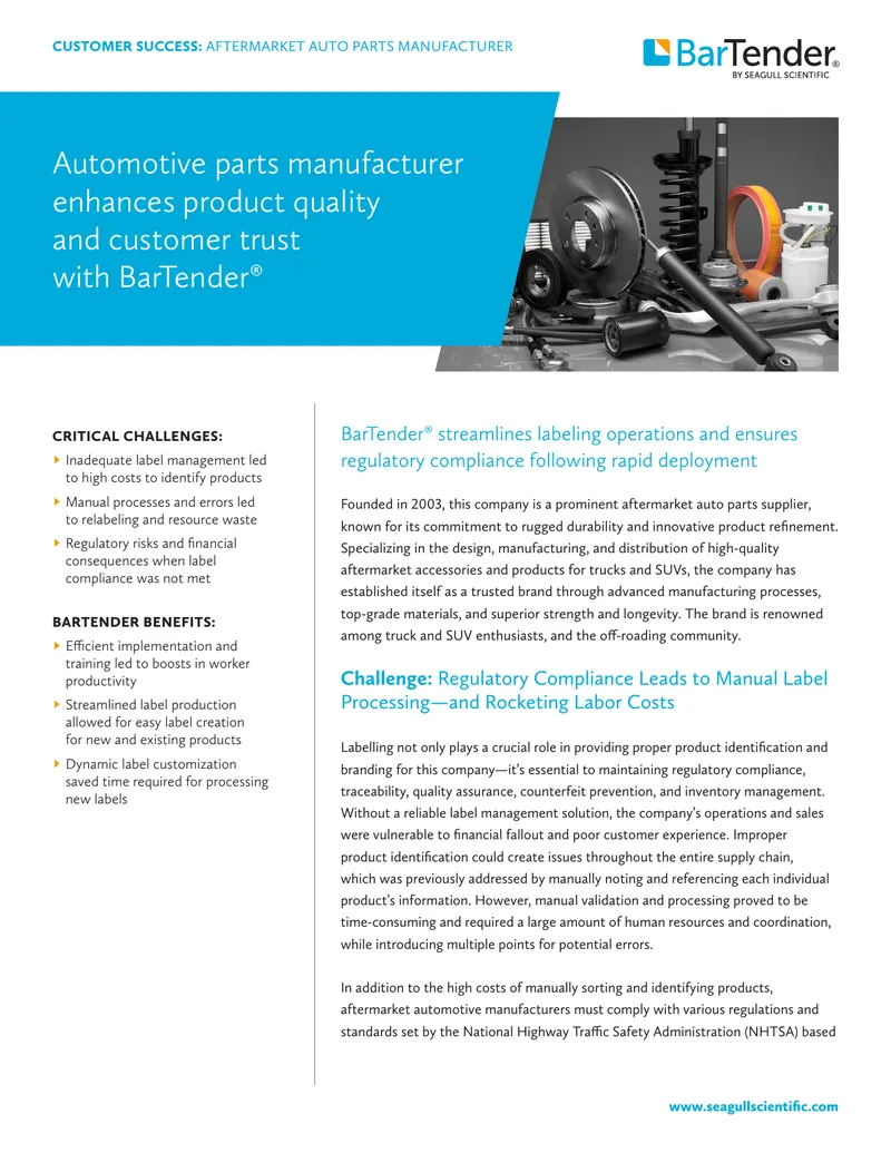 Aftermarket Auto Parts Manufacturer Labeling Solution