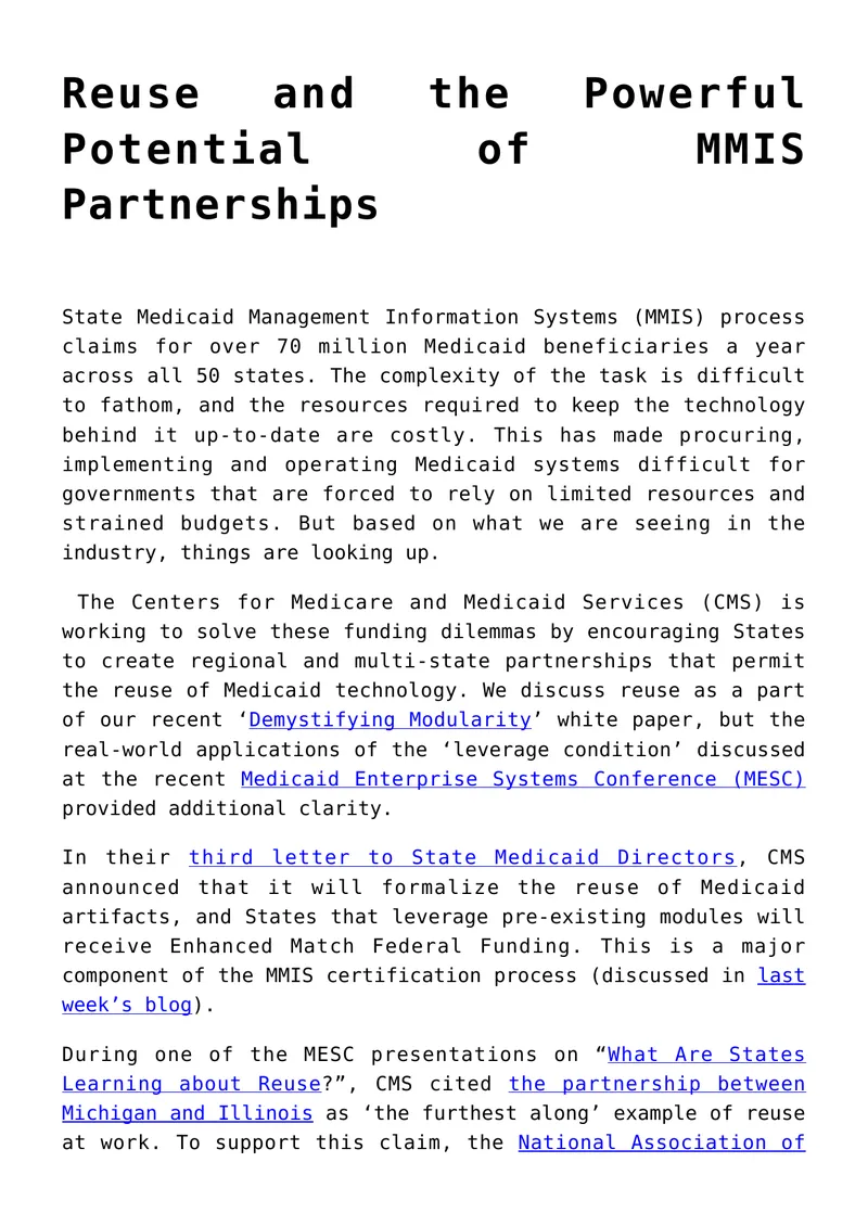 Reuse and Potential of MMIS Partnerships