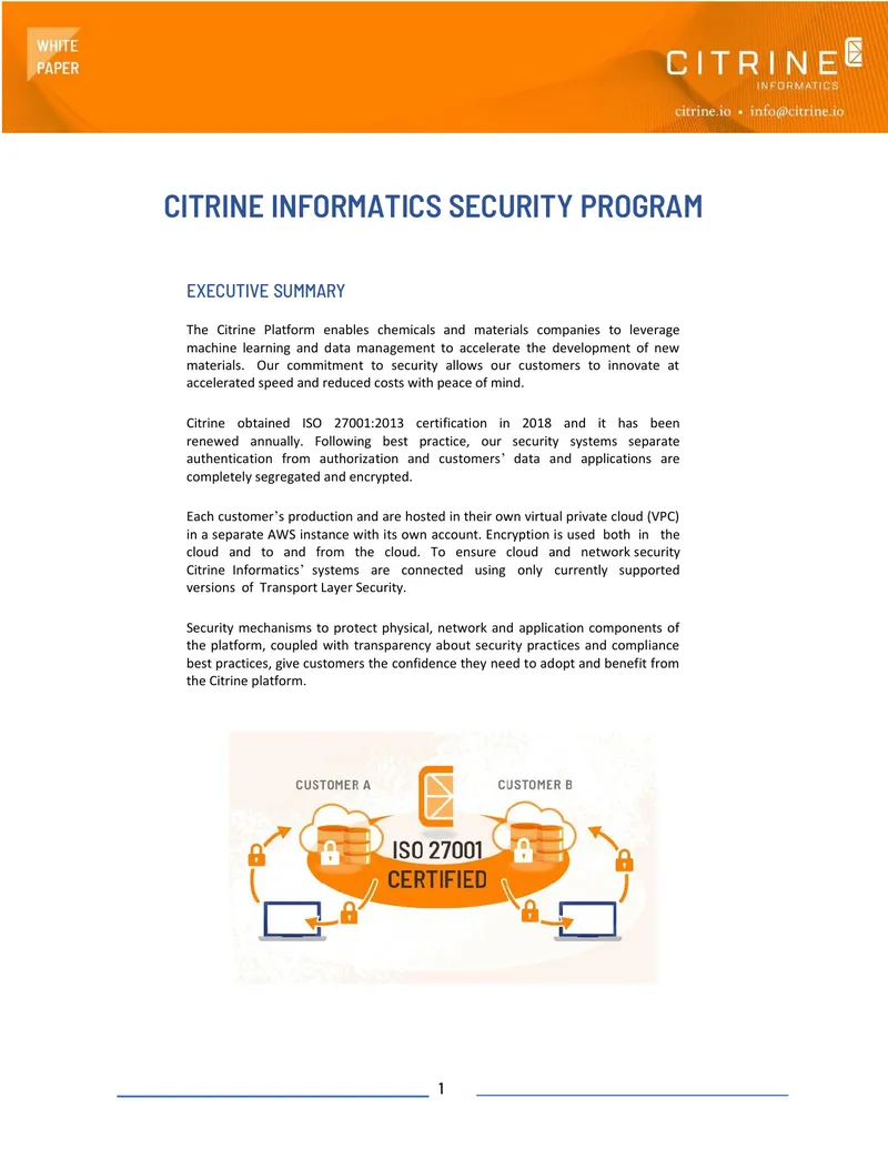 Citrine Informatics Security Program Overview