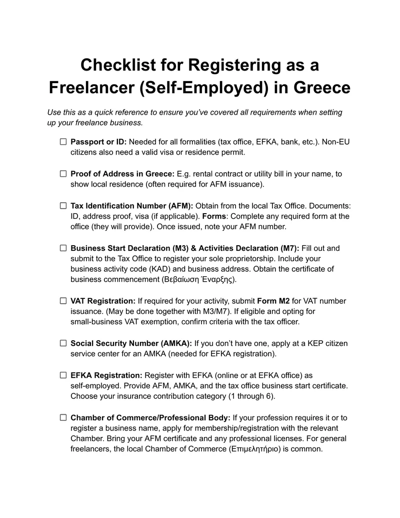 Checklist for Registering as a Freelancer in Greece