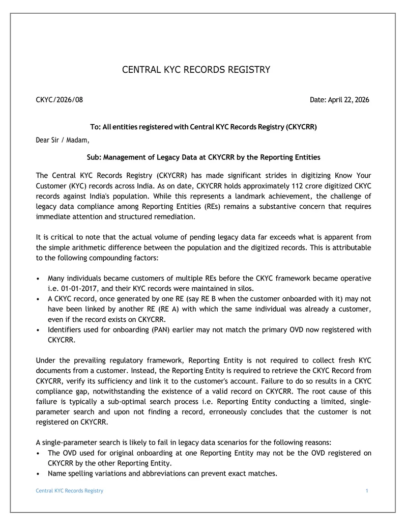 Management of Legacy Data at CKYCRR