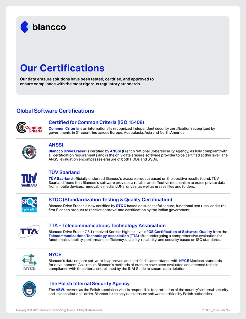 Data Erasure Solutions Certifications and Approvals