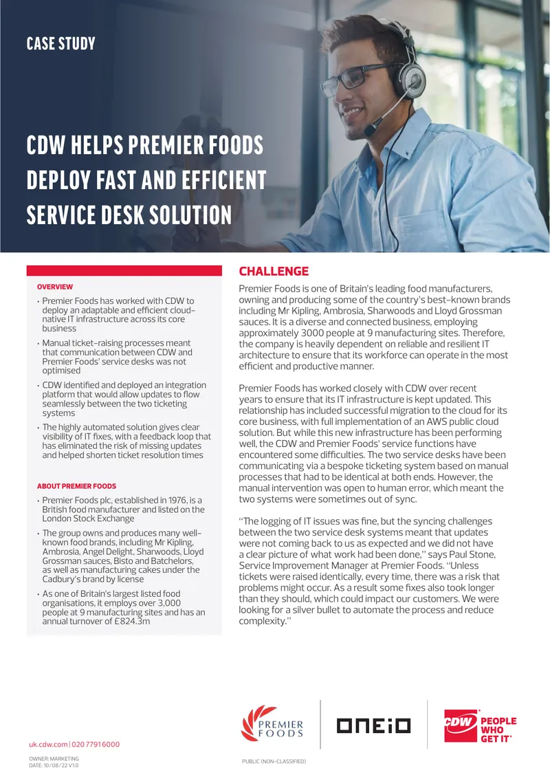 CDW and Premier Foods Service Desk Integration Case Study