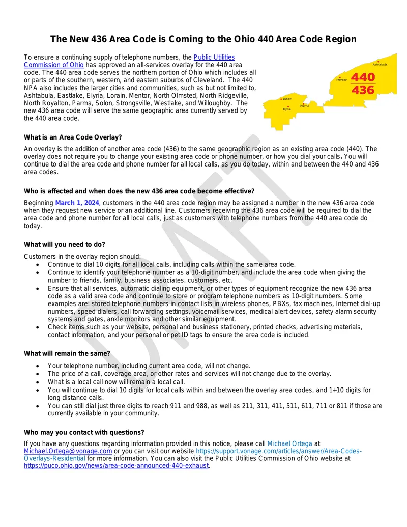 New 436 Area Code Implementation in Ohio