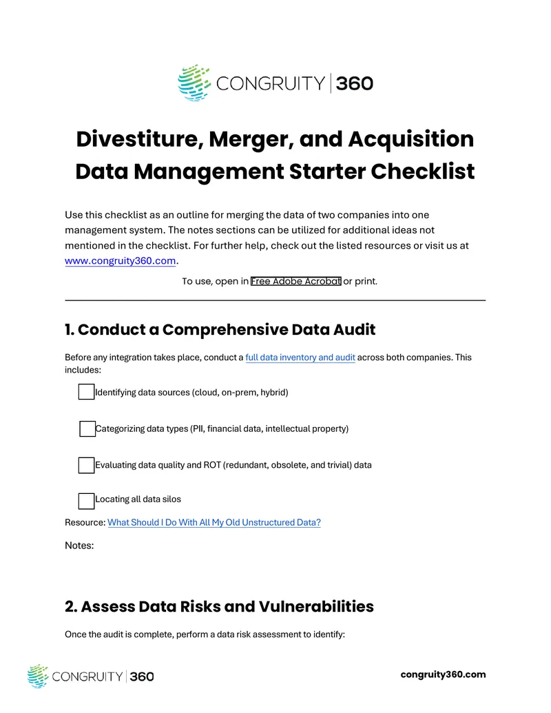 Divestiture, Merger, and Acquisition Data Management Checklist