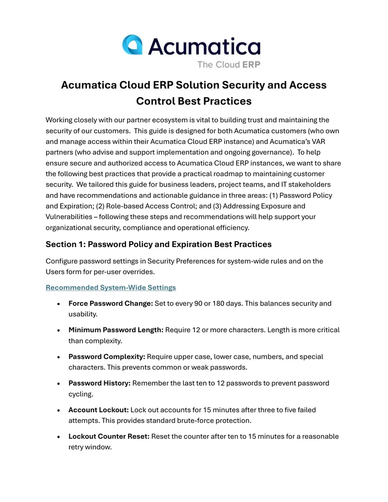 Acumatica Cloud ERP Security Best Practices Guide preview page 1
