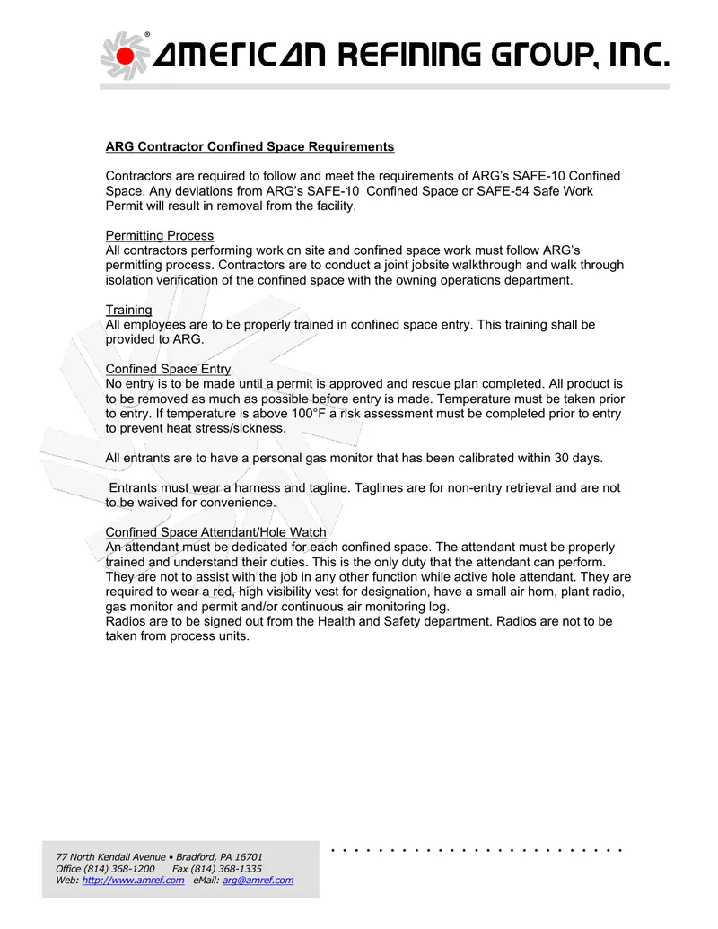 ARG Contractor Confined Space Requirements