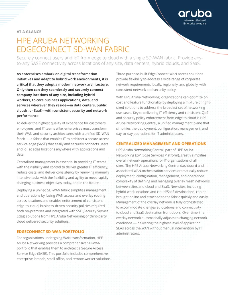 HPE Aruba Networking EdgeConnect SD-WAN Fabric Overview