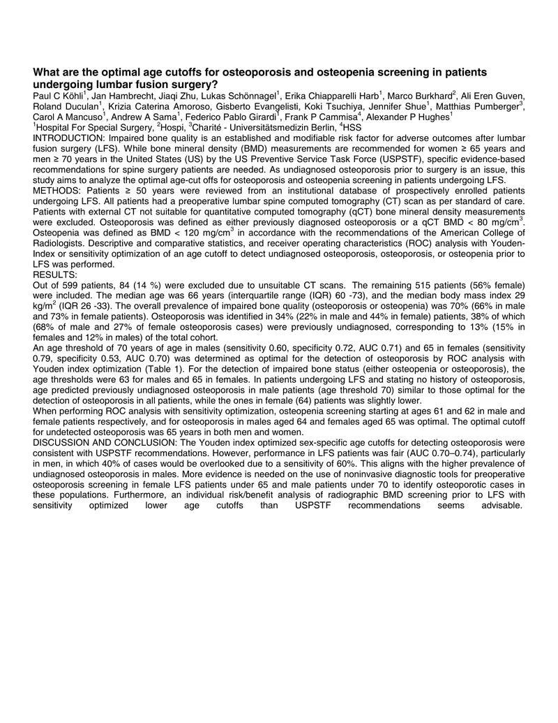 Optimal Age Cutoffs for Osteoporosis Screening in Lumbar Fusion Surgery