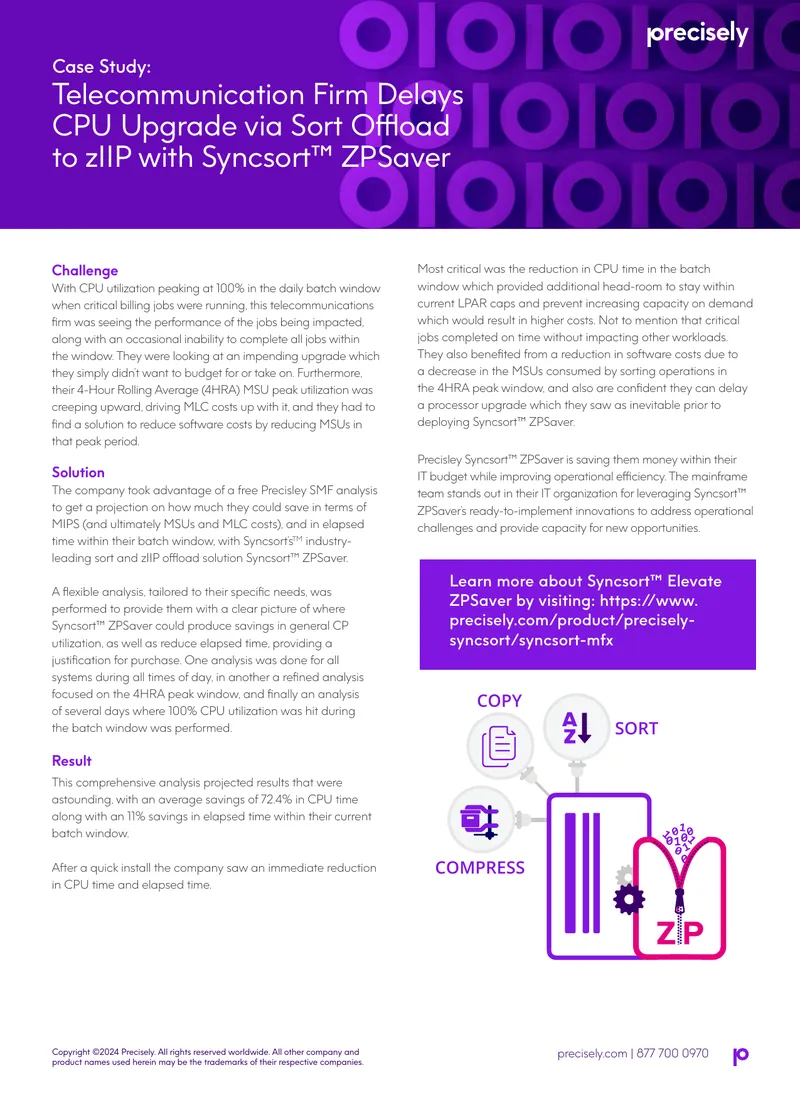 Telecommunication Firm Delays CPU Upgrade via Sort Offload