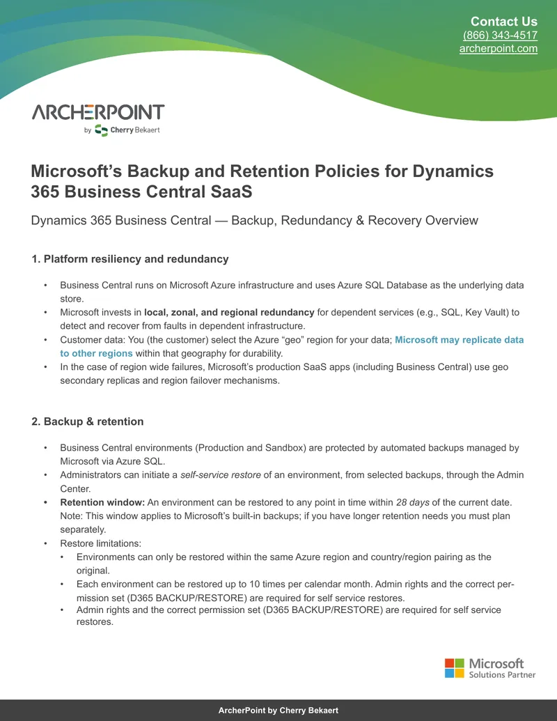 Microsoft Backup and Retention Policies for Dynamics 365 Business Central