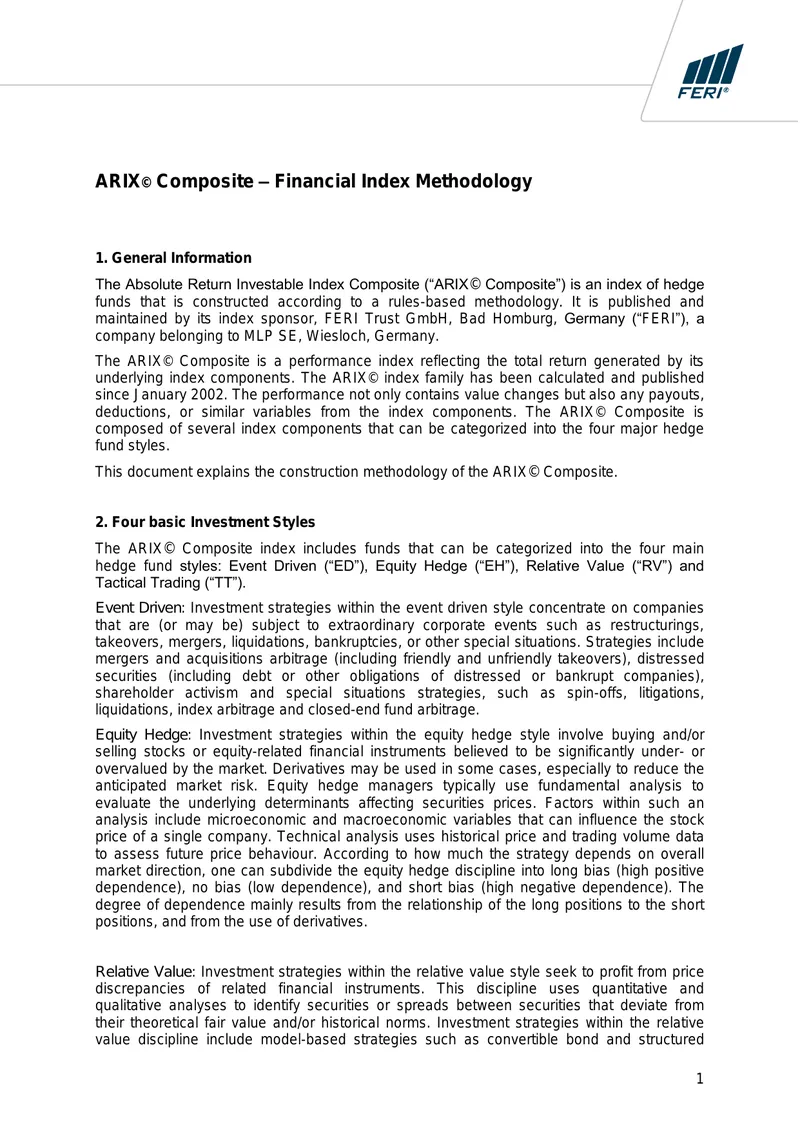 ARIX Composite Financial Index Methodology