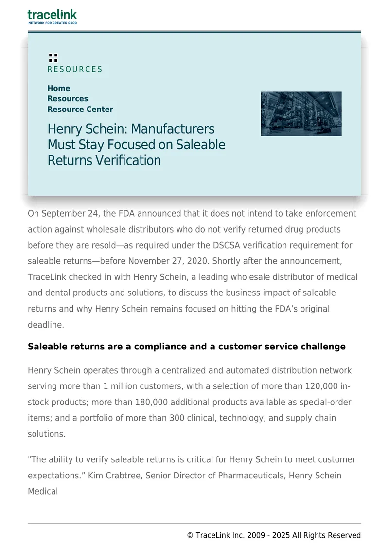 Henry Schein Focus on Saleable Returns Verification