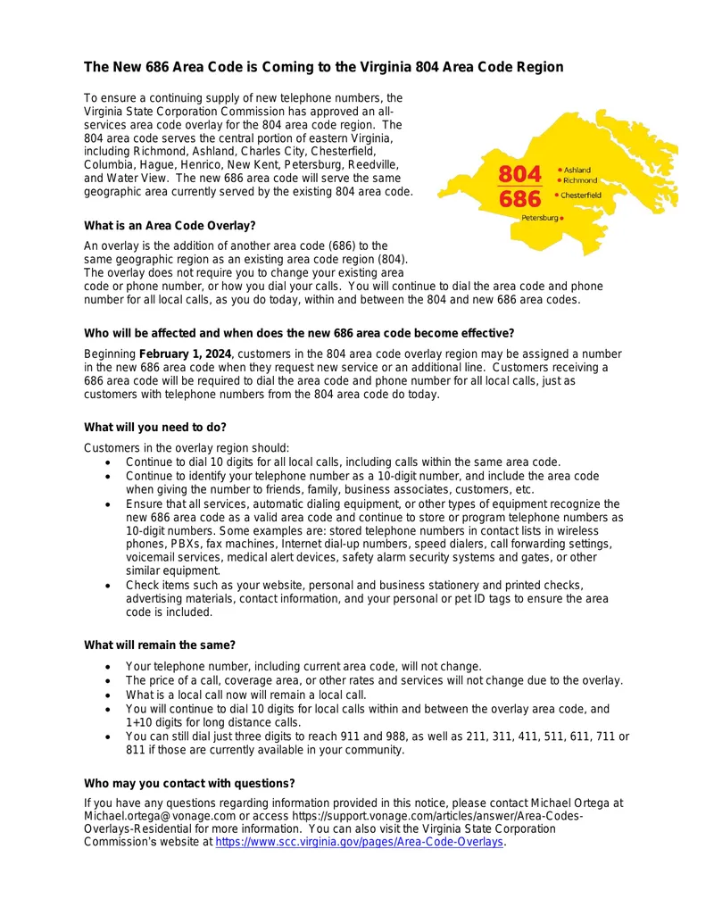 New 686 Area Code Overlay for Virginia 804 Region