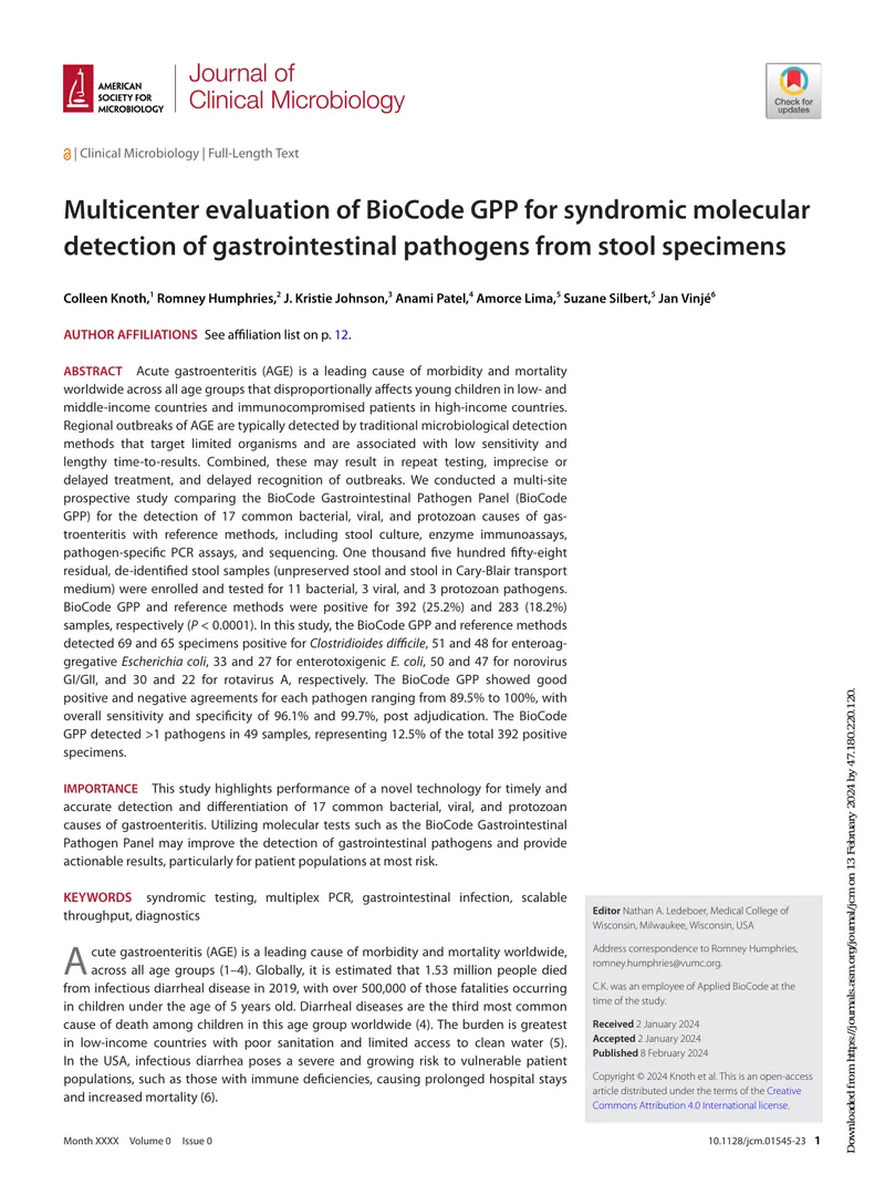 Evaluation of BioCode GPP for Gastrointestinal Pathogen Detection