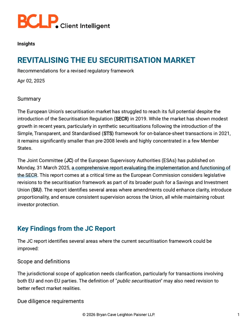 Recommendations for Revising the EU Securitisation Regulation