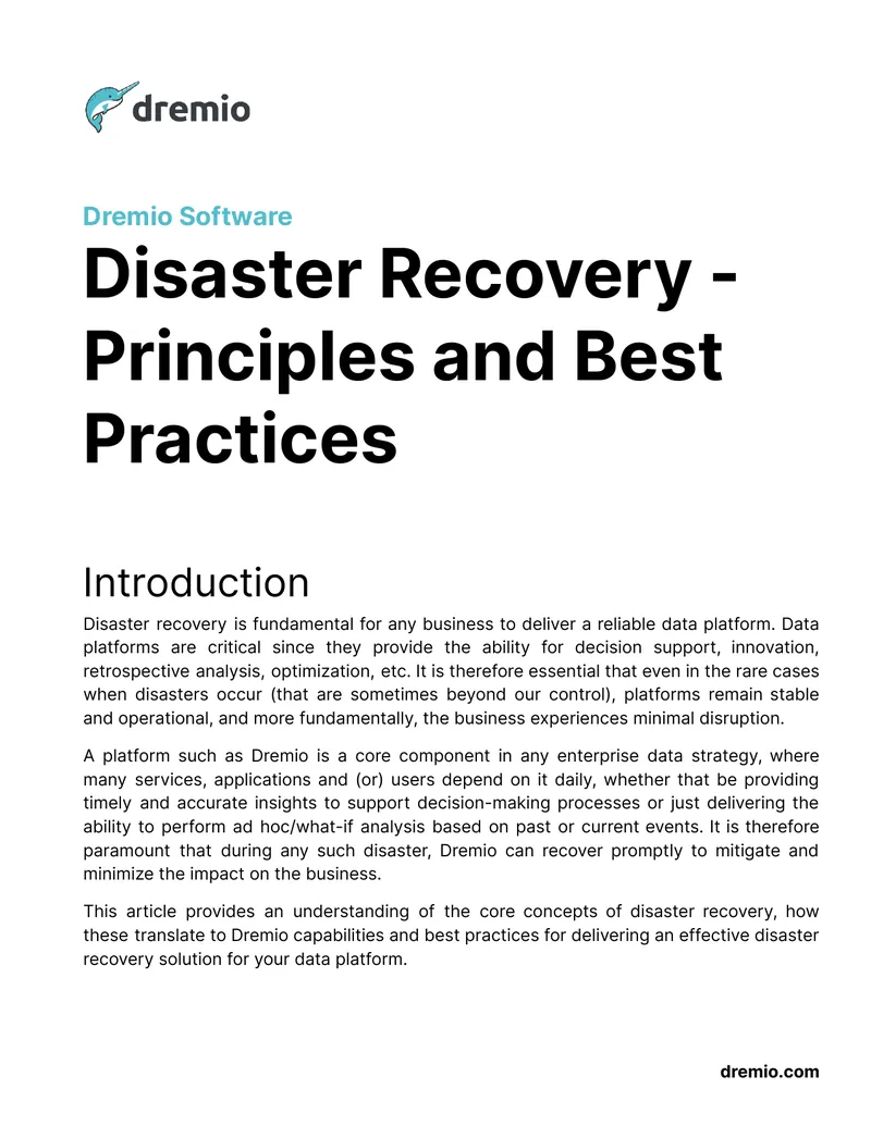 Disaster Recovery Principles and Best Practices for Dremio Software