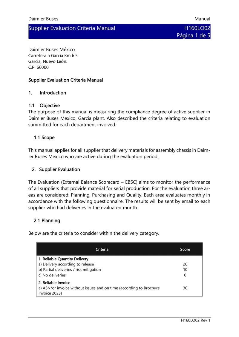 Supplier Evaluation Criteria Manual for Daimler Buses