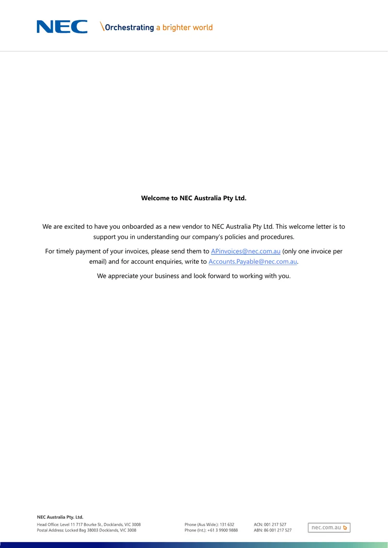 NEC Australia Vendor Onboarding Guide