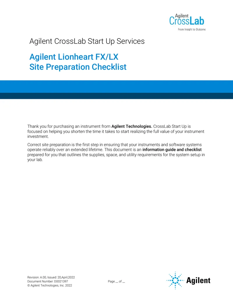 Agilent Lionheart FX/LX Site Preparation Checklist