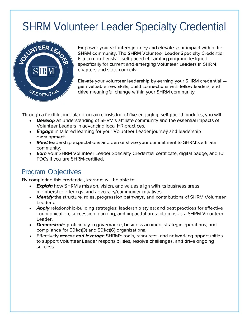 SHRM Volunteer Leader Specialty Credential Program