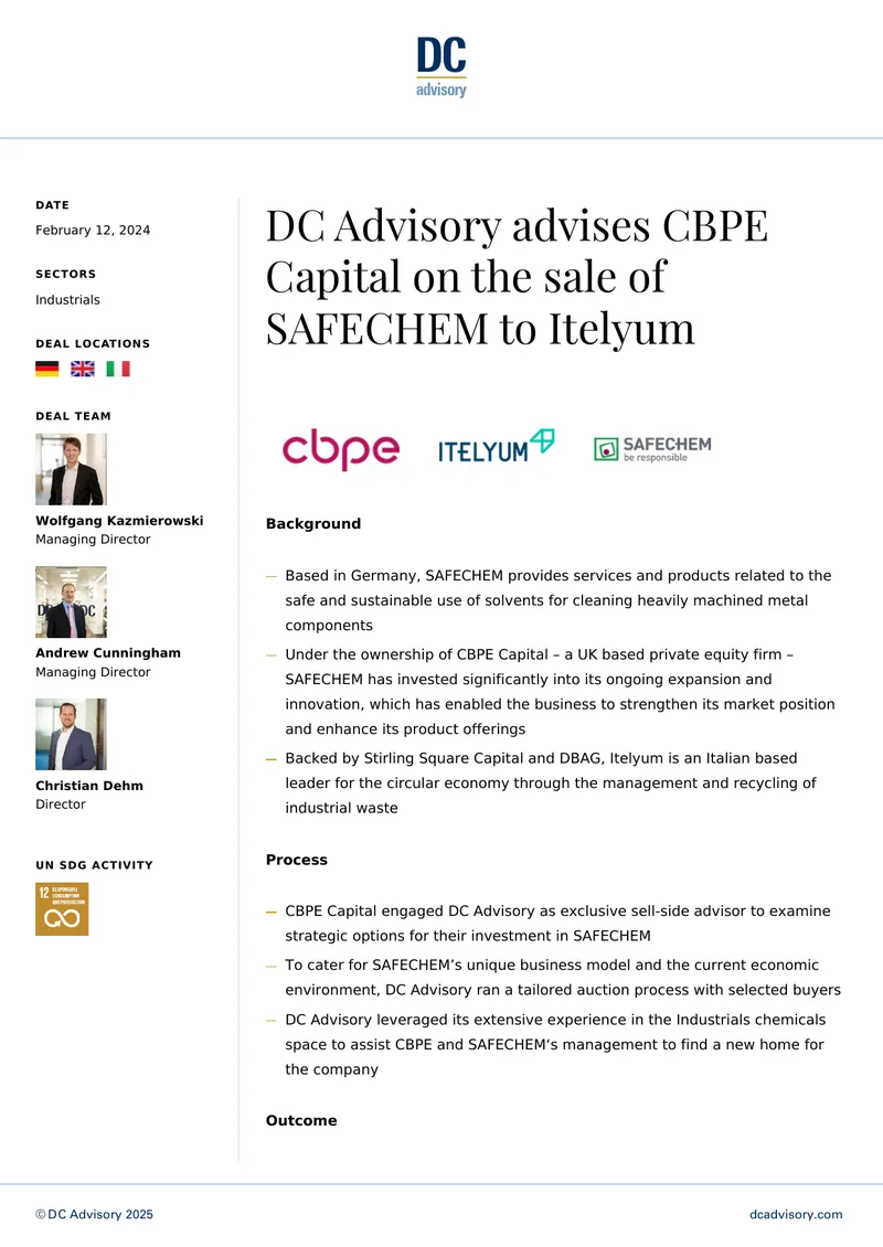 Advisory on SAFECHEM Sale to Itelyum