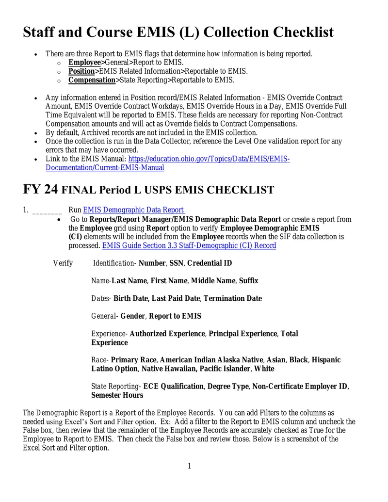 Staff and Course EMIS Collection Checklist