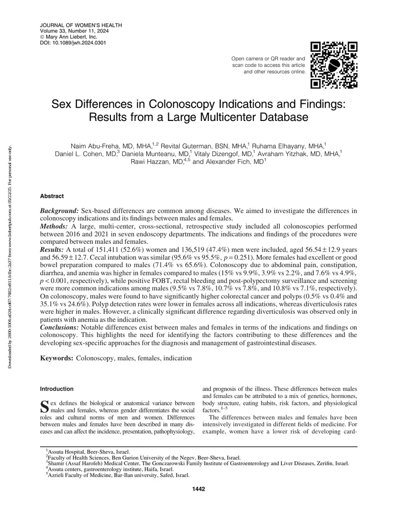 Sex Differences in Colonoscopy Indications and Findings