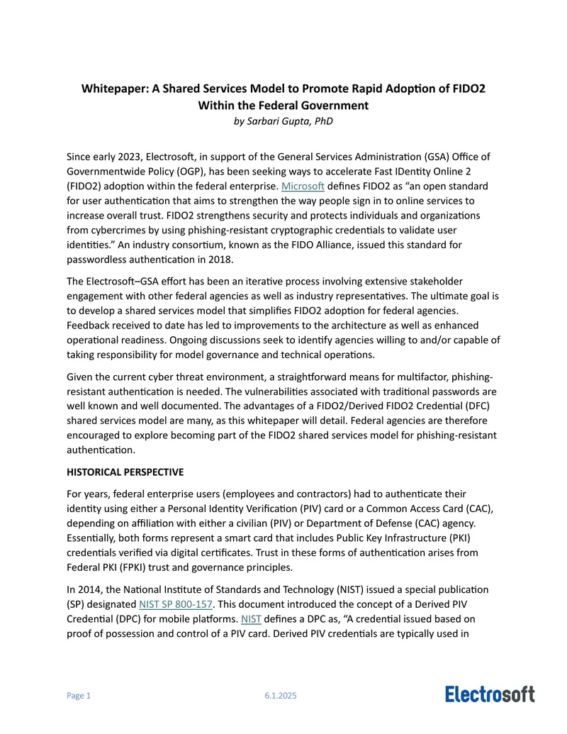 Shared Services Model for FIDO2 Adoption in Government