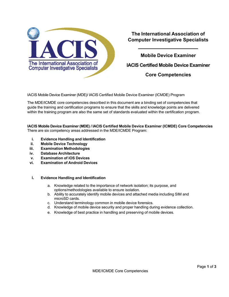 IACIS Mobile Device Examiner Core Competencies