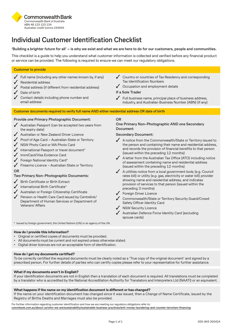 Individual Customer Identification Checklist