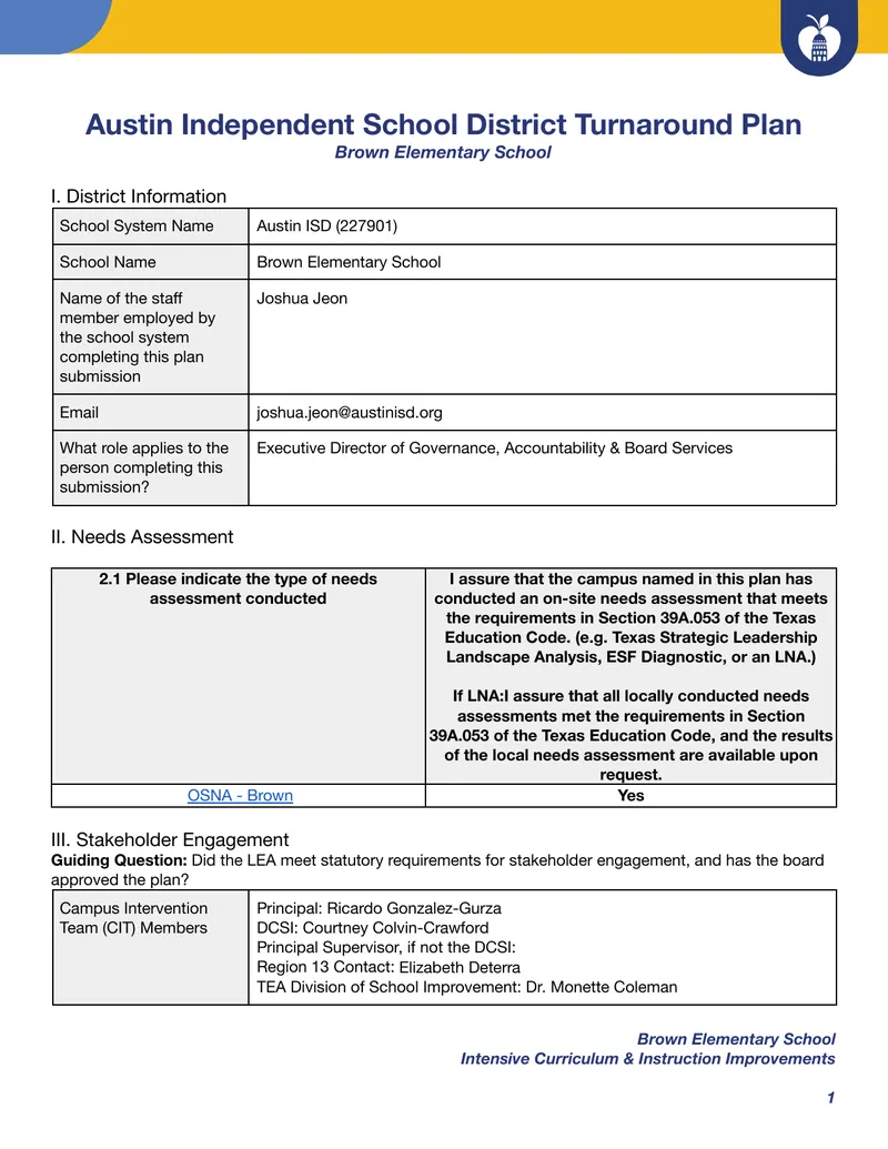 Austin Independent School District Turnaround Plan for Brown Elementary School