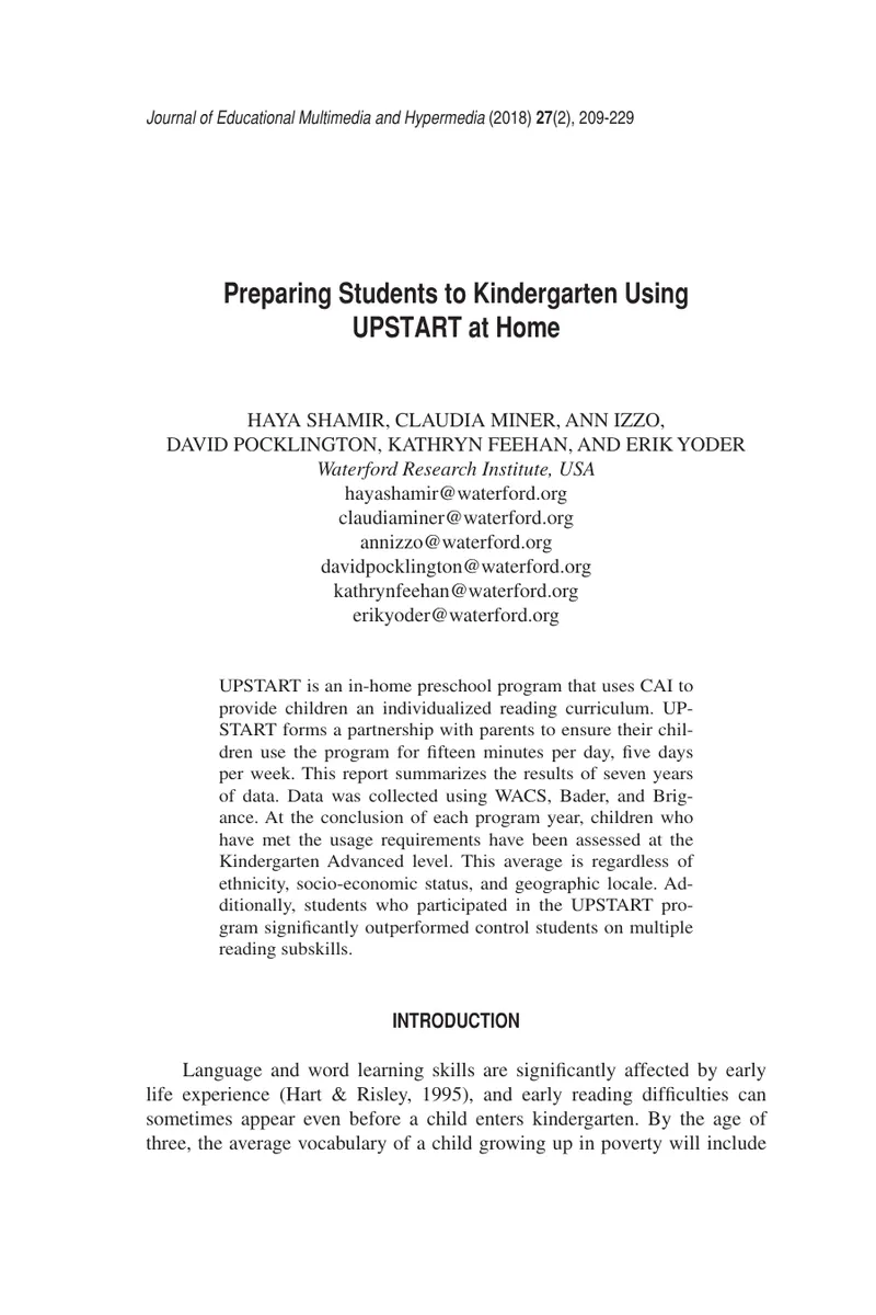 Preparing Students for Kindergarten Using UPSTART