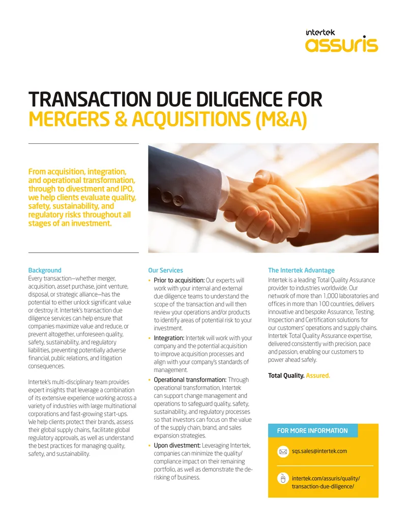 Transaction Due Diligence for Mergers and Acquisitions