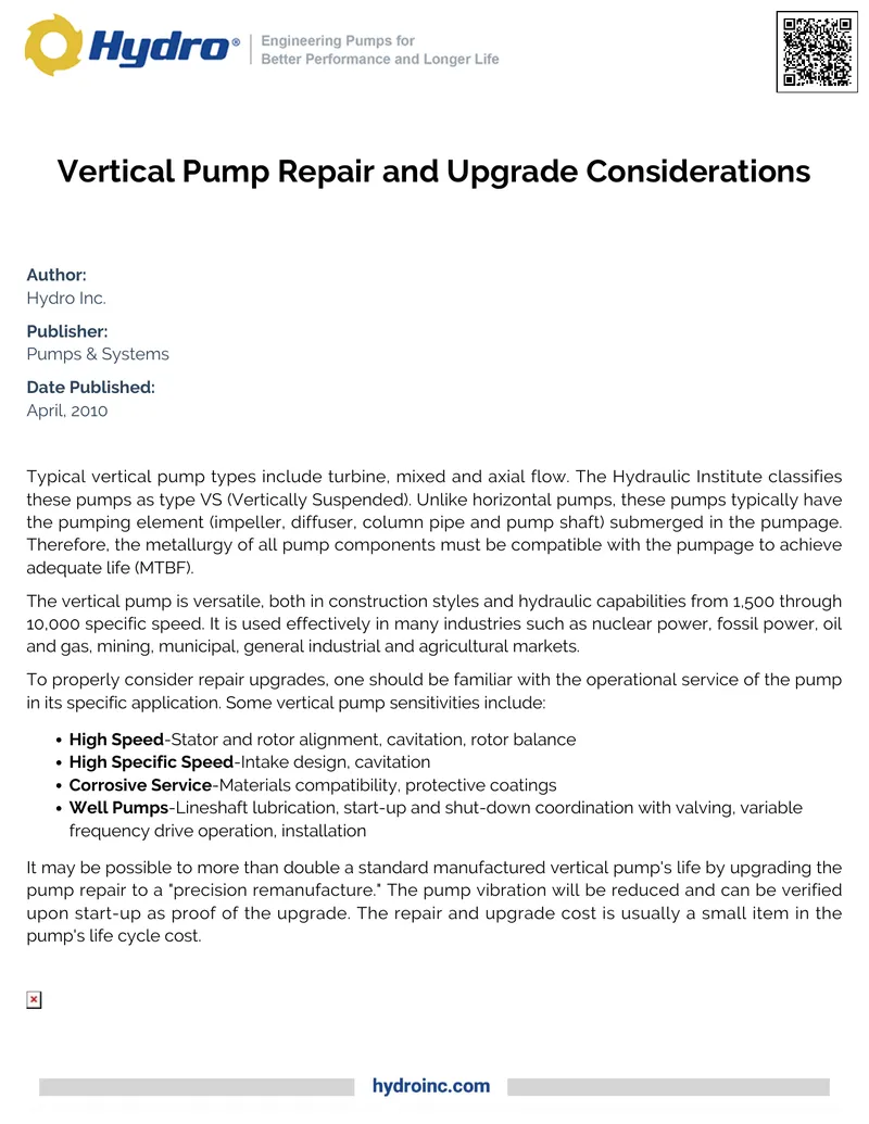 Vertical Pump Repair and Upgrade Considerations