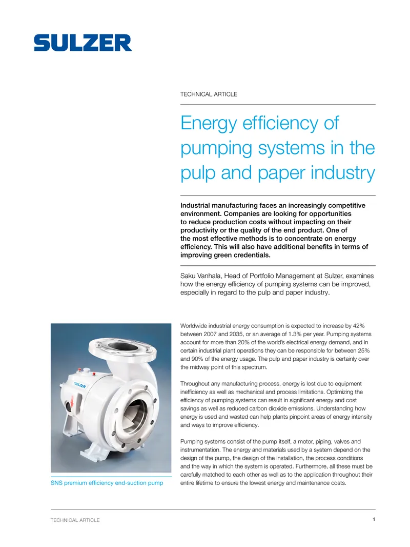 Energy Efficiency of Pumping Systems in the Pulp and Paper Industry