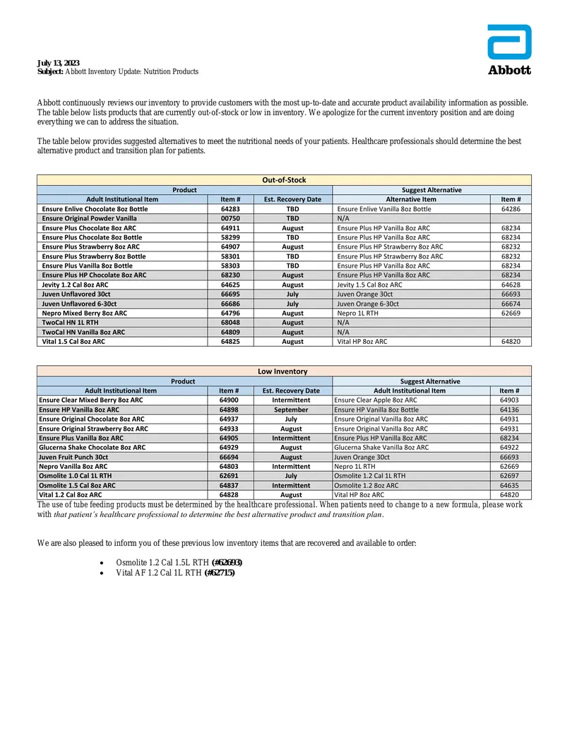 Abbott Inventory Update on Nutrition Products