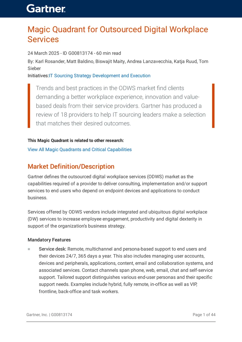 Magic Quadrant for Outsourced Digital Workplace Services