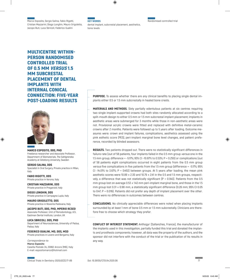 Multicentre Randomised Controlled Trial of Subcrestal Dental Implant Placement